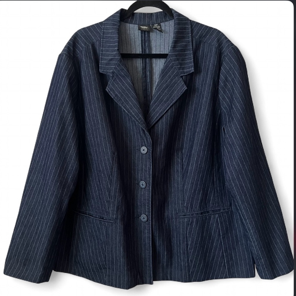 Vtg 90s Y2K Mossimo Pinstripe Blazer Buttoned Size 24W Cotton Blend Navy Blue